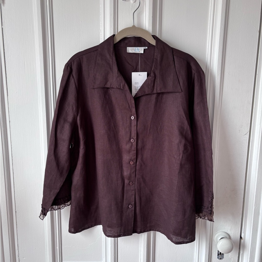 Women’s Alice Blue 100% Linen Button Up Ruffle Sleeve NWT Chocolate Brown Shirt